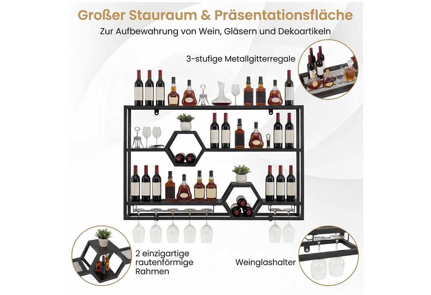COSTWAY Weinregal Wand Metall Flaschenregal mit Glashalter, 120x20x77cm Bild 2