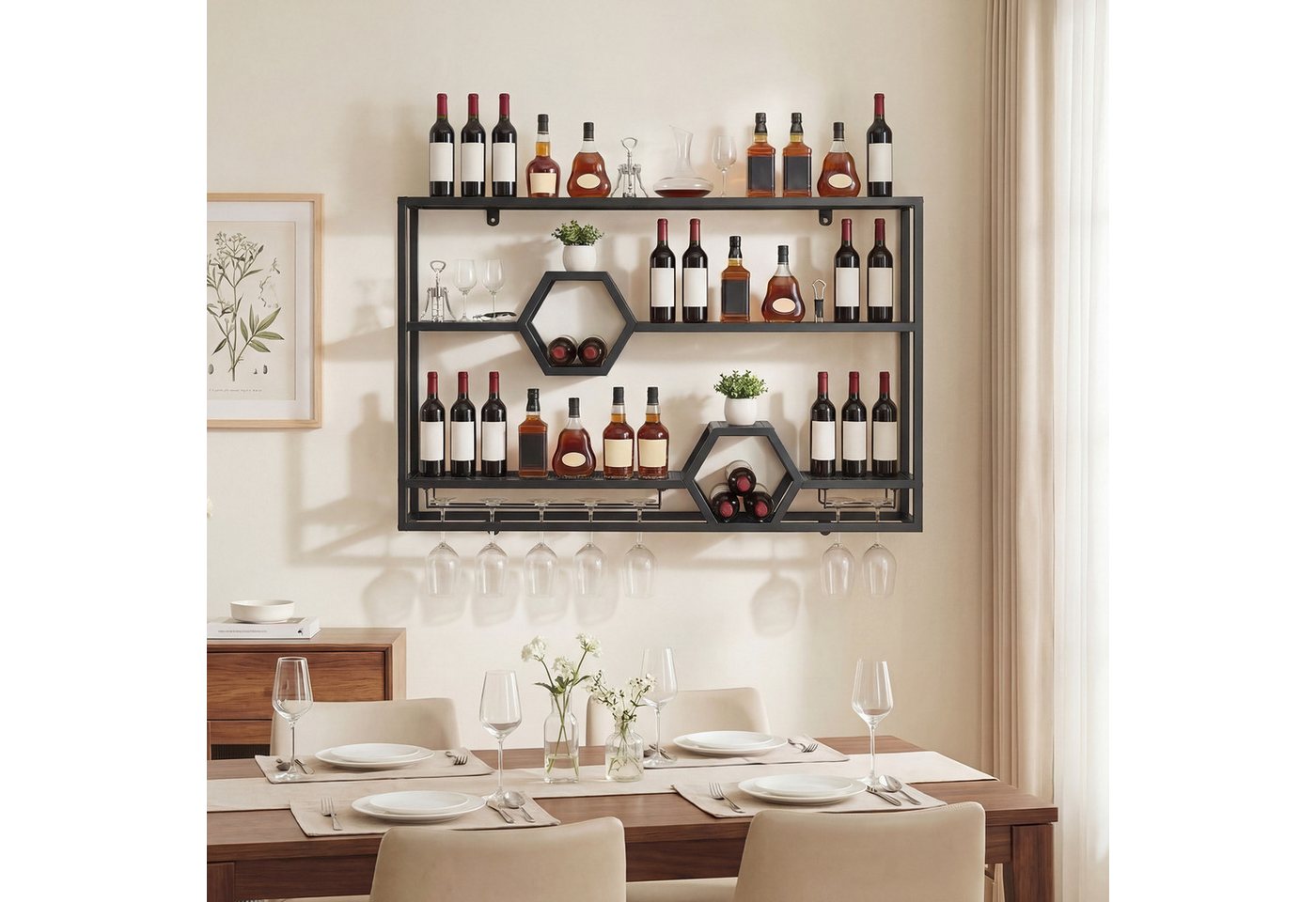 COSTWAY Weinregal Wand Metall Flaschenregal mit Glashalter, 120x20x77cm Bild 3
