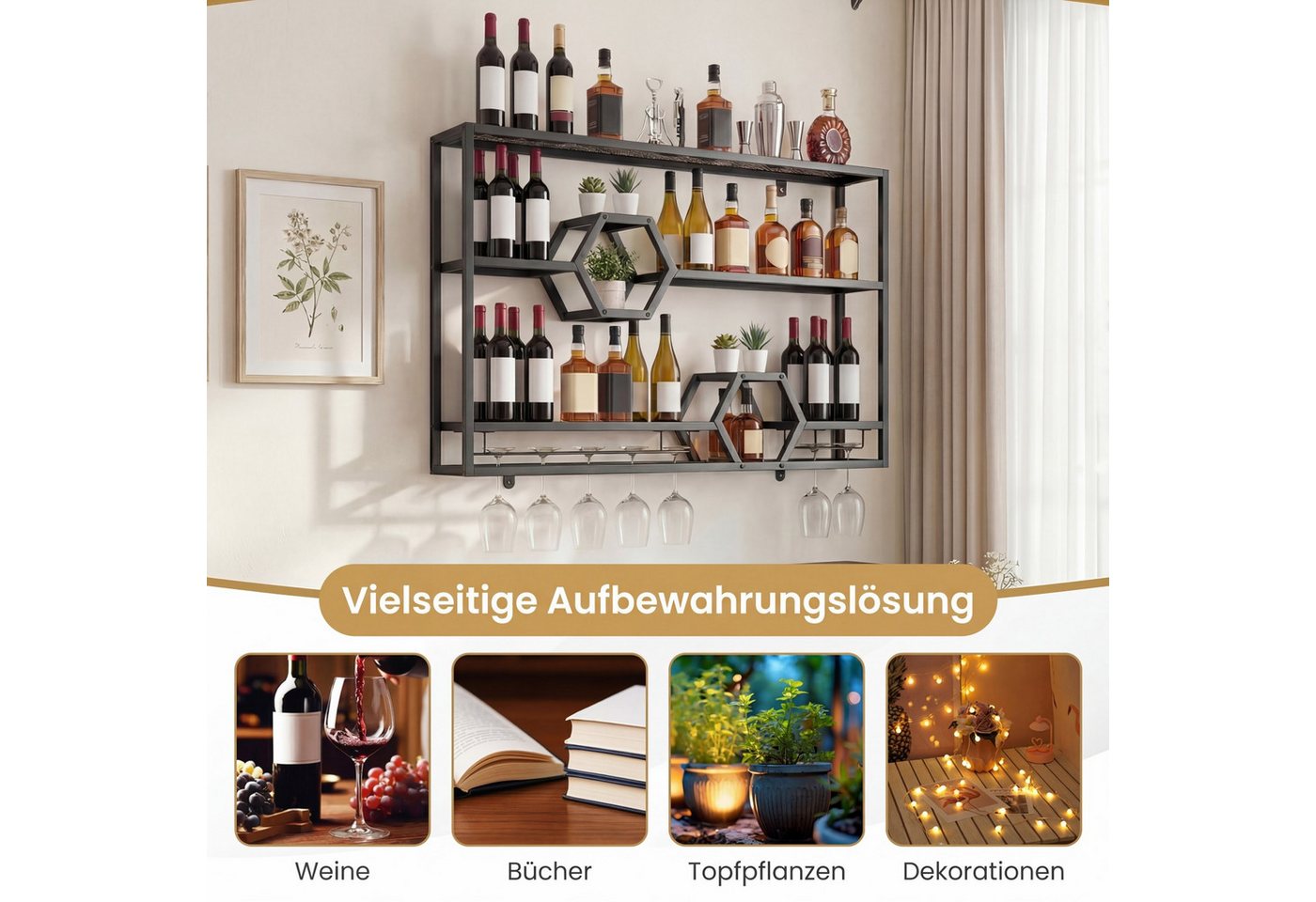 COSTWAY Weinregal Wand Metall Flaschenregal mit Glashalter, 120x20x77cm Bild 4