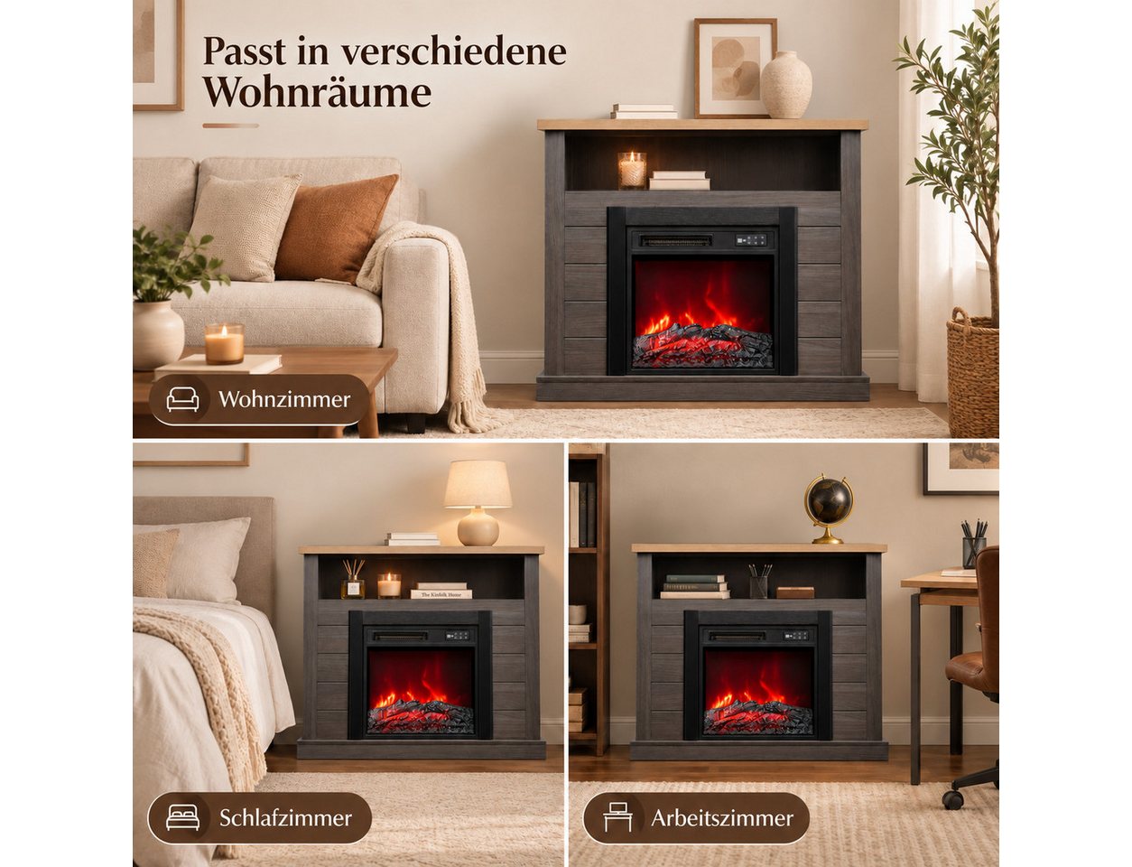 HOMAVO Elektrokamin mit Schrank, 18", 900W/1800W Heizung, 3D-Flammeneffekt, Schrankgröße: 96,5 × 22 × 82 cm, Fernbedienung + Bedienfeld