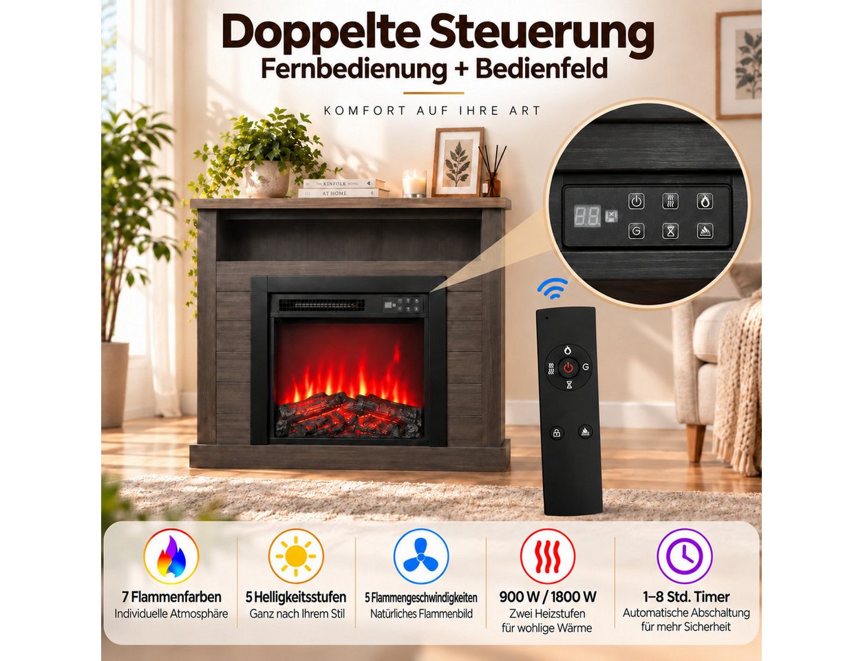 HOMAVO Elektrokamin mit Schrank, 18", 900W/1800W Heizung, 3D-Flammeneffekt, Schrankgröße: 96,5 × 22 × 82 cm, Fernbedienung + Bedienfeld Bild 2