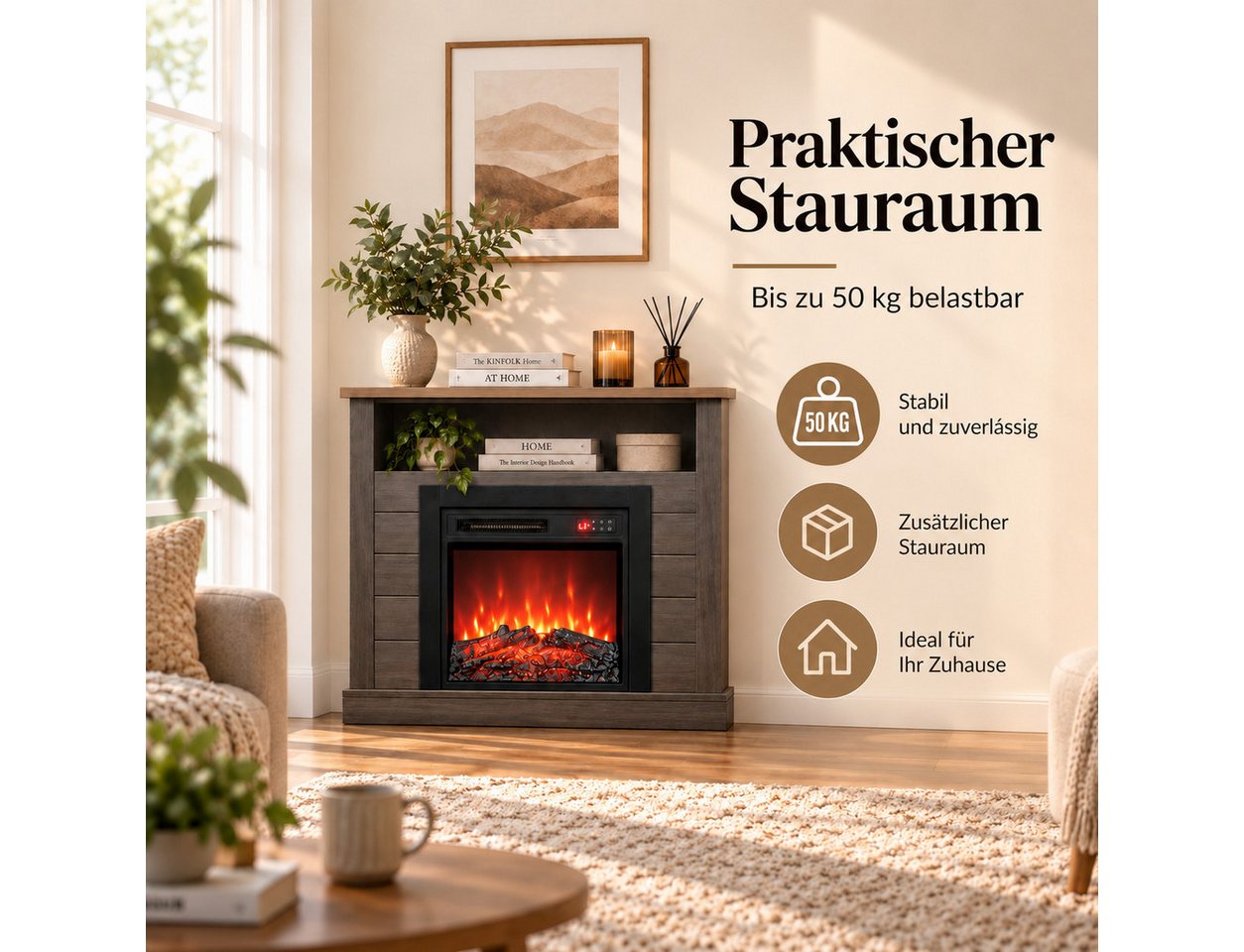 HOMAVO Elektrokamin mit Schrank, 18", 900W/1800W Heizung, 3D-Flammeneffekt, Schrankgröße: 96,5 × 22 × 82 cm, Fernbedienung + Bedienfeld Bild 4