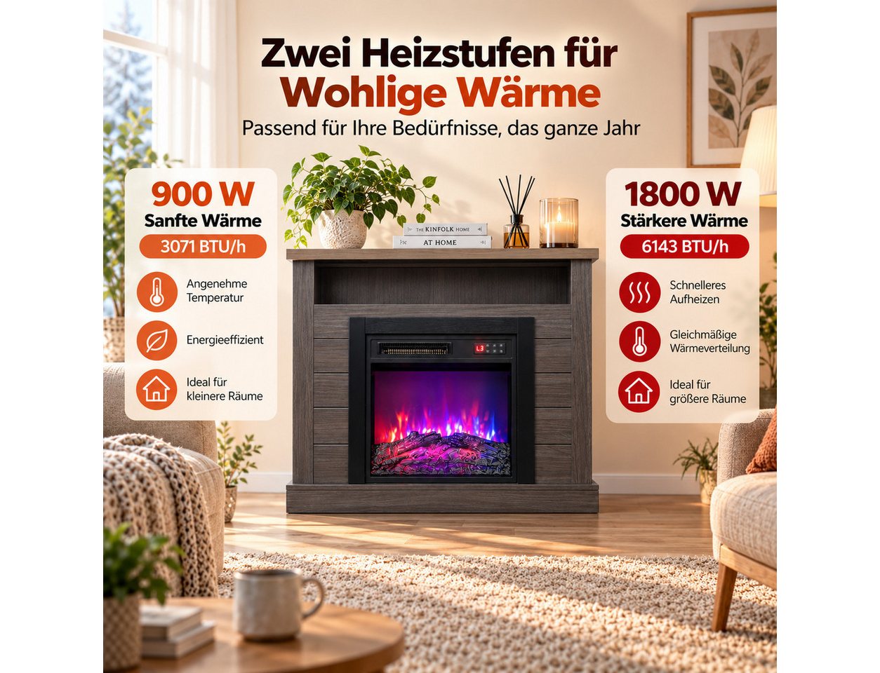 HOMAVO Elektrokamin mit Schrank, 18", 900W/1800W Heizung, 3D-Flammeneffekt, Schrankgröße: 96,5 × 22 × 82 cm, Fernbedienung + Bedienfeld Bild 5