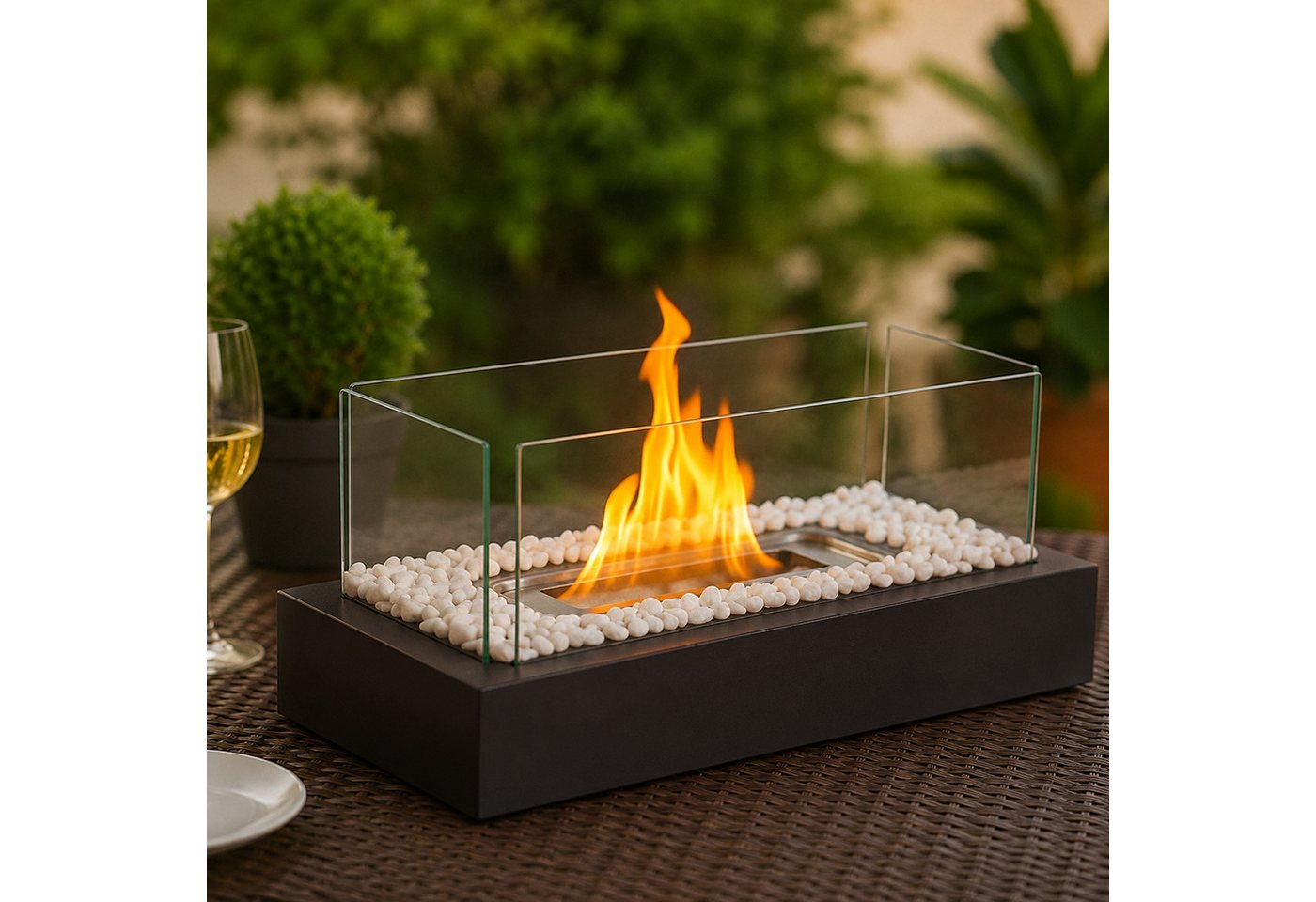 ZMH Tischfeuer Indoor Outdoor Tischkamin Ethanol Dekokamin Set Glas Edelstahl, 250ml Brennvolumen, 4 Windschutzgläser, Metallbasis, standsicher