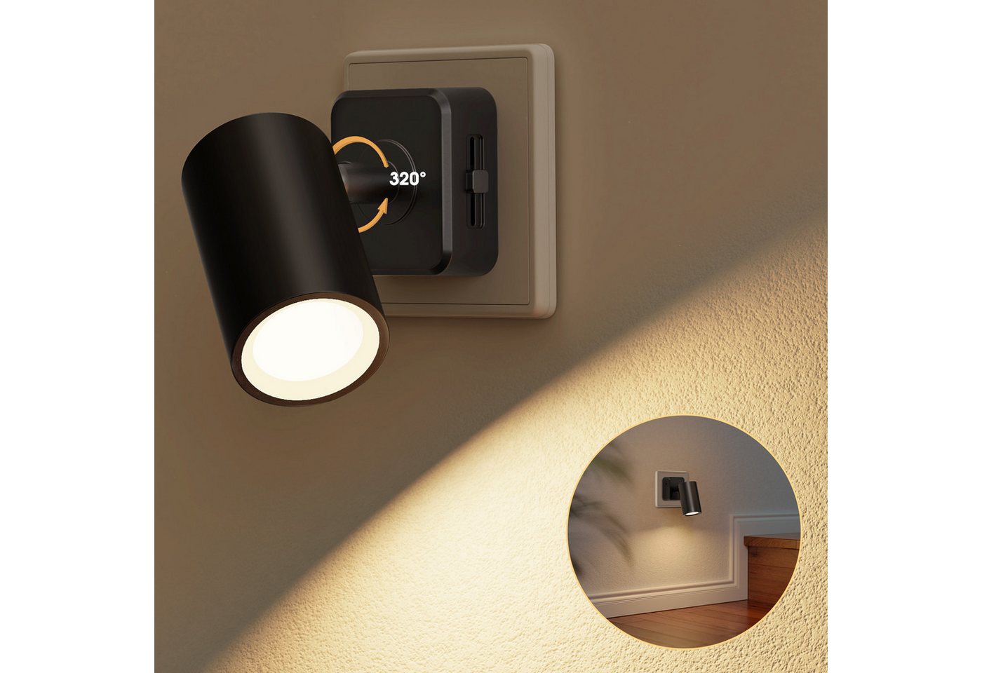 LOHAS-LED LED Nachtlicht Nachtlicht, Dimmbar, drehbarer Leuchtenkopf, Dämmerungssensor, LED fest integriert, 320° drehbarer Zylinderspot für gezielt gerichtetes Licht