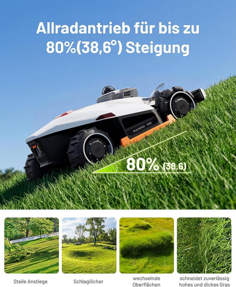 Mammotion Rasenmähroboter LUBA 3 AWD Mähroboter ohne Begrenzungskabel, bis 1500 m² Rasenfläche, (mit Garage, 360° LiDAR + Dual-Kamera-KI-Vision), Allradantrieb, Auto-Kartierung, Rasenmuster erstellen, 4G-Modul, APP Bild 5