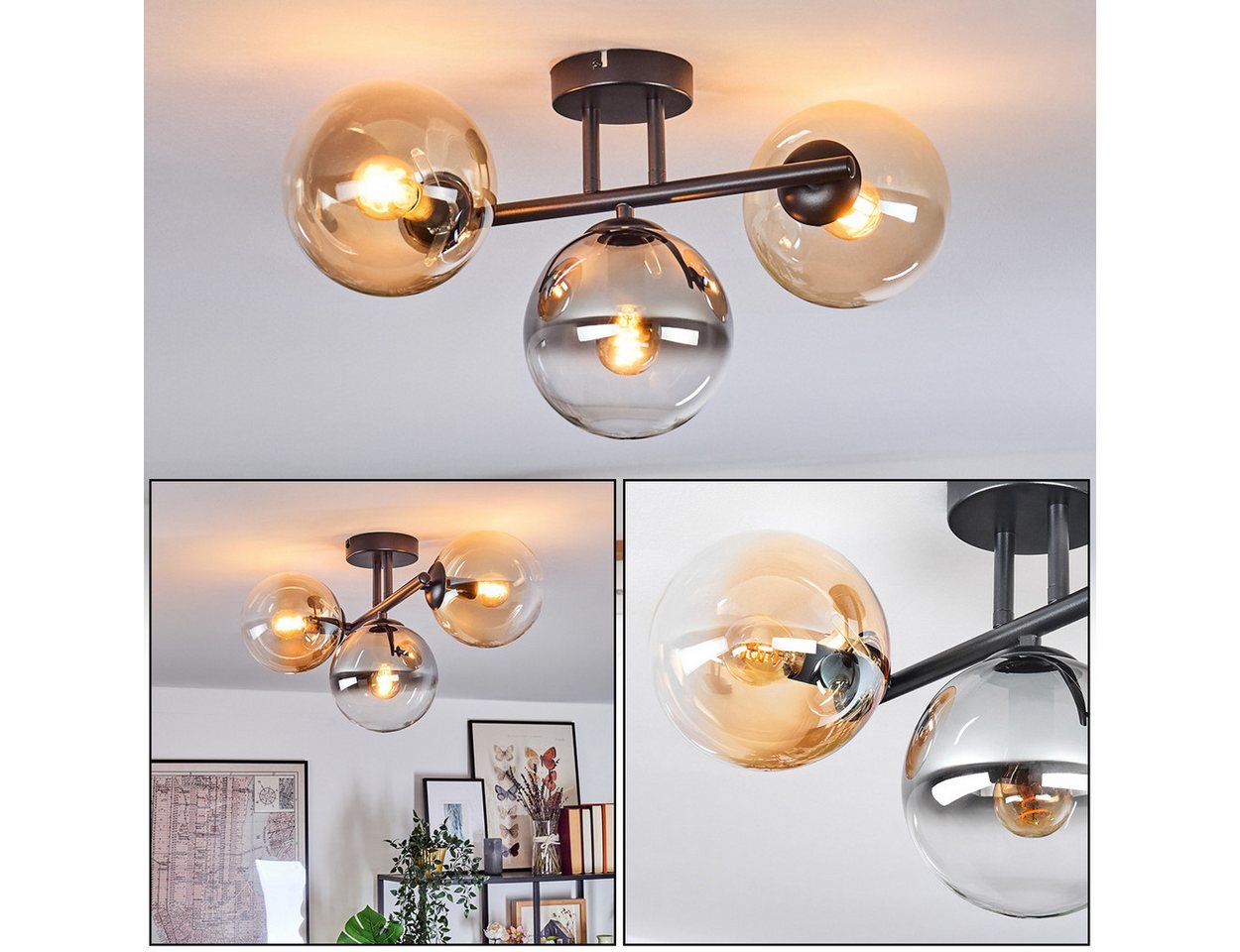 hofstein Deckenleuchte Deckenlampe aus Metall/Glas in Schwarz/Rauch/Bernstein/Klar, Deckenleuchte im modernen Vintage-Design (Schirme Ø 15 cm), 3 x E14