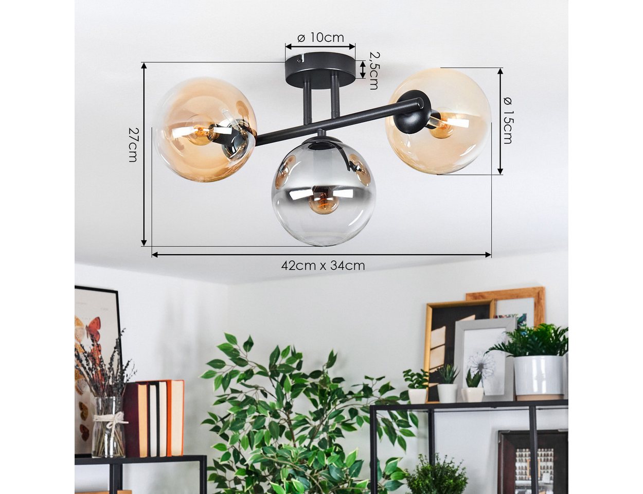 hofstein Deckenleuchte Deckenlampe aus Metall/Glas in Schwarz/Rauch/Bernstein/Klar, Deckenleuchte im modernen Vintage-Design (Schirme Ø 15 cm), 3 x E14 Bild 4