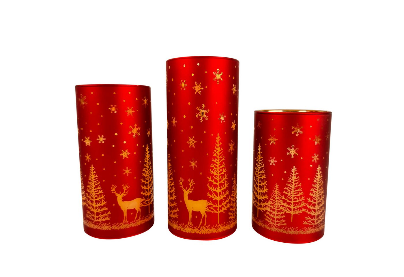 Online-Fuchs LED-Kerze 3 rote LED Kerzen aus Glas mit Timer - Weihnachtsdeko mit Hirschmotiv, realistische Kerzenflamme, warmweiße Beleuchtung, liebevolle Winterlandschaft aus Tannen, Hirschen & Schneeflocken