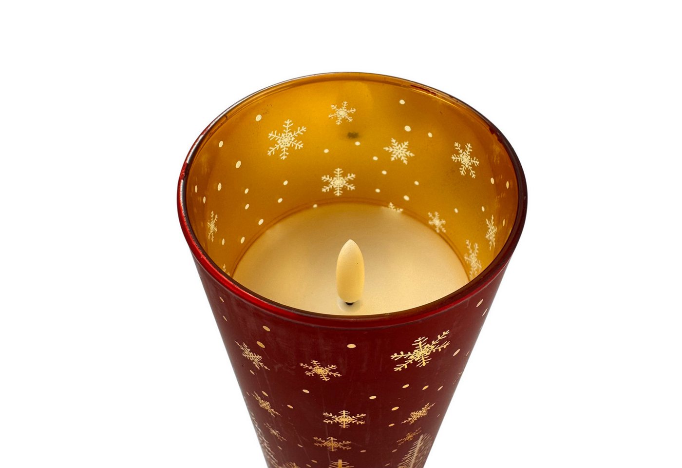 Online-Fuchs LED-Kerze 3 rote LED Kerzen aus Glas mit Timer - Weihnachtsdeko mit Hirschmotiv, realistische Kerzenflamme, warmweiße Beleuchtung, liebevolle Winterlandschaft aus Tannen, Hirschen & Schneeflocken Bild 4