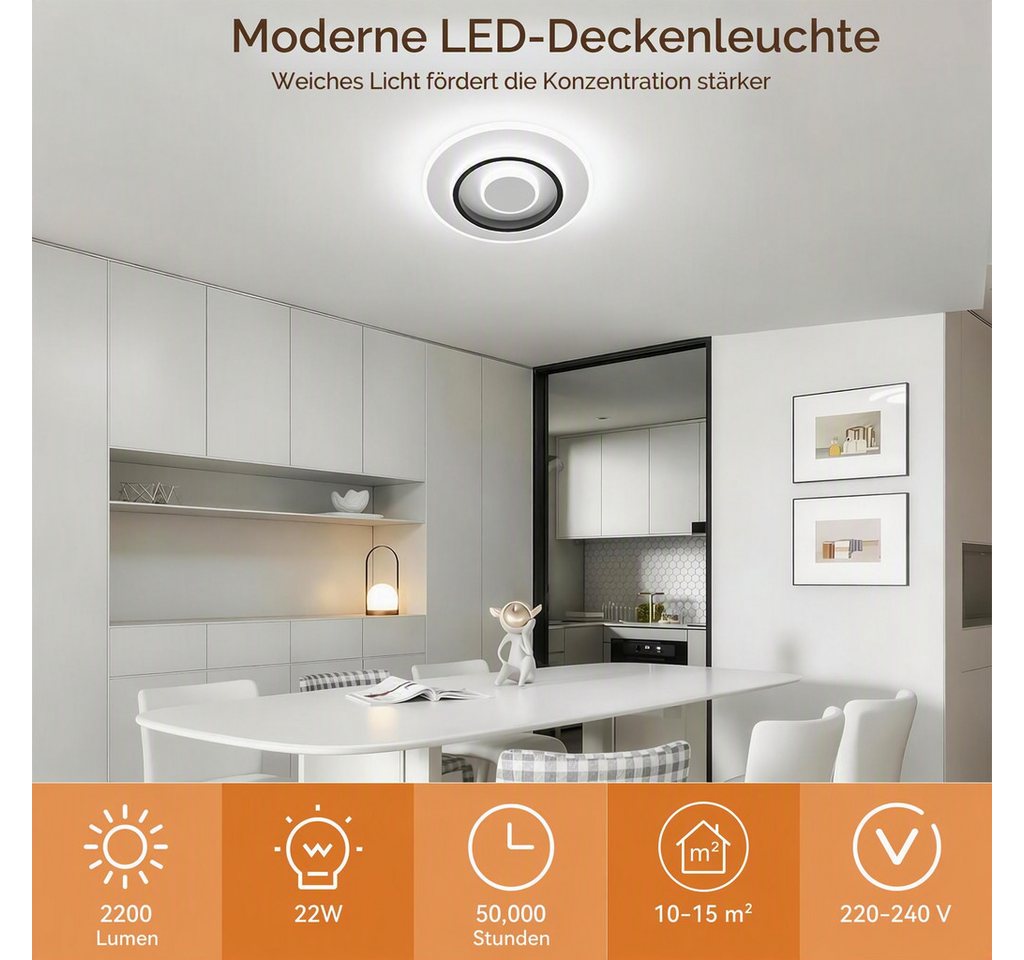BlingBin LED Deckenleuchte Dimmbar Deckenlampe LED Moderne 22W Runde/Quadrat, D24xH5cm, LED fest integriert, Neutralweiß, Kaltweiß, 22 W 1496 lm, ultraflach 5 cm, Ø 24 cm, für Wohnzimmer Bild 4
