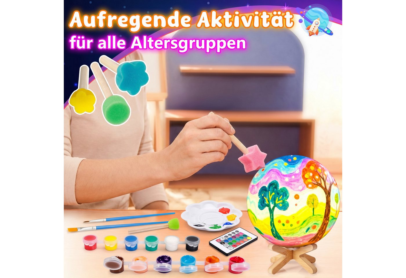 Wootoy Kreativset DIY Mondlampe für Kinder ab 6 Jahren Bastelset zum Bemalen, (mit 12 Farben 16 LED-Lichtfarben, 1-tlg., 1 Fernbedienung 4 Lichtmodi und Holzsockel), Nachtlicht fürs Kinderzimmer
