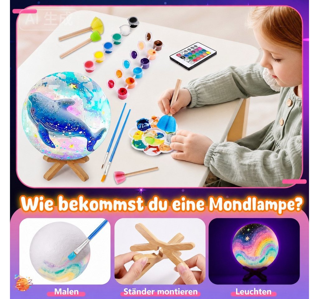 Wootoy Kreativset DIY Mondlampe für Kinder ab 6 Jahren Bastelset zum Bemalen, (mit 12 Farben 16 LED-Lichtfarben, 1-tlg., 1 Fernbedienung 4 Lichtmodi und Holzsockel), Nachtlicht fürs Kinderzimmer Bild 2