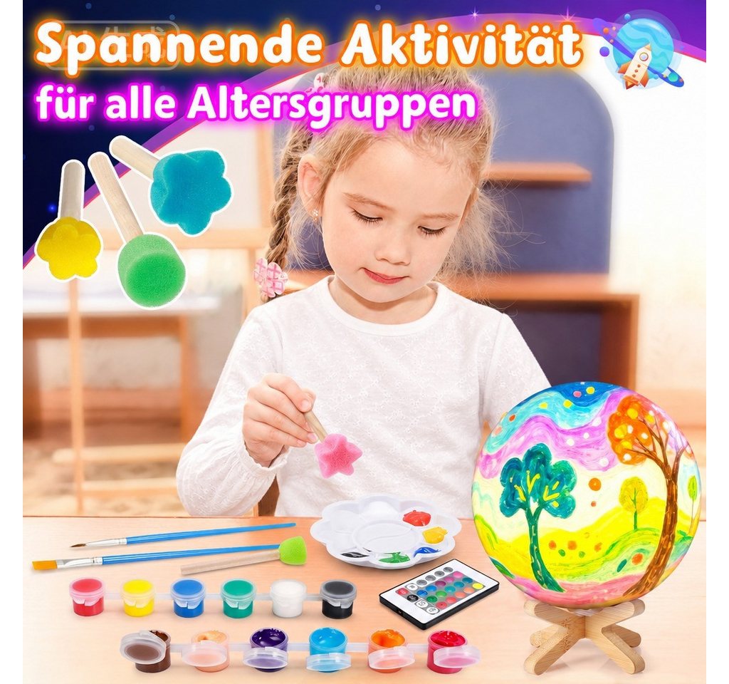 Wootoy Kreativset DIY Mondlampe für Kinder ab 6 Jahren Bastelset zum Bemalen, (mit 12 Farben 16 LED-Lichtfarben, 1-tlg., 1 Fernbedienung 4 Lichtmodi und Holzsockel), Nachtlicht fürs Kinderzimmer Bild 3