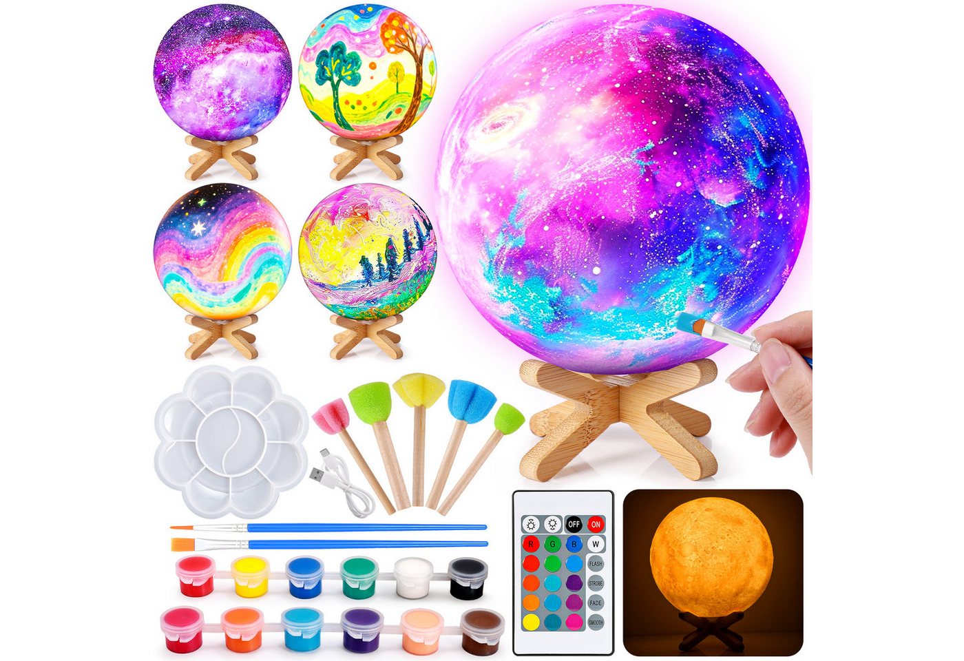Wootoy Kreativset DIY Mondlampe für Kinder ab 6 Jahren Bastelset zum Bemalen, (mit 12 Farben 16 LED-Lichtfarben, 1-tlg., 1 Fernbedienung 4 Lichtmodi und Holzsockel), Nachtlicht fürs Kinderzimmer Bild 4
