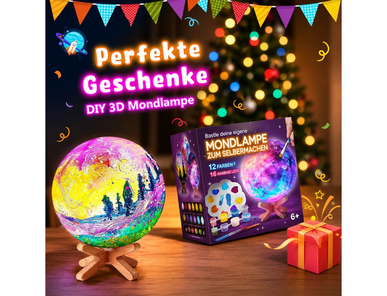 Wootoy Kreativset DIY Mondlampe für Kinder ab 6 Jahren Bastelset zum Bemalen, (mit 12 Farben 16 LED-Lichtfarben, 1-tlg., 1 Fernbedienung 4 Lichtmodi und Holzsockel), Nachtlicht fürs Kinderzimmer Bild 5