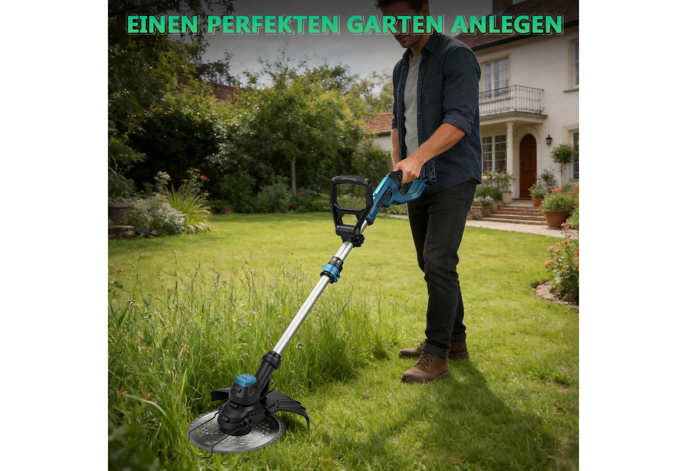 XIIW Akku-Rasentrimmer 7-IN-1 Akku Motorsense 980W Bürstenloser mit 2×4Ah Akku, Freischneider, (14800U/min mit 7 Klingentypen Ø300 mm, Teleskop 96–136 cm Einstellbar), Unkrautbürste für Höfe, Gärten und Kleinen