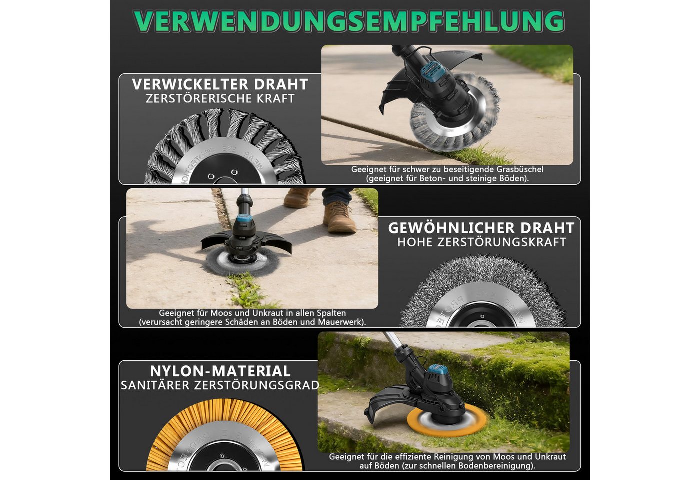 XIIW Akku-Rasentrimmer 7-IN-1 Akku Motorsense 980W Bürstenloser mit 2×4Ah Akku, Freischneider, (14800U/min mit 7 Klingentypen Ø300 mm, Teleskop 96–136 cm Einstellbar), Unkrautbürste für Höfe, Gärten und Kleinen Bild 2