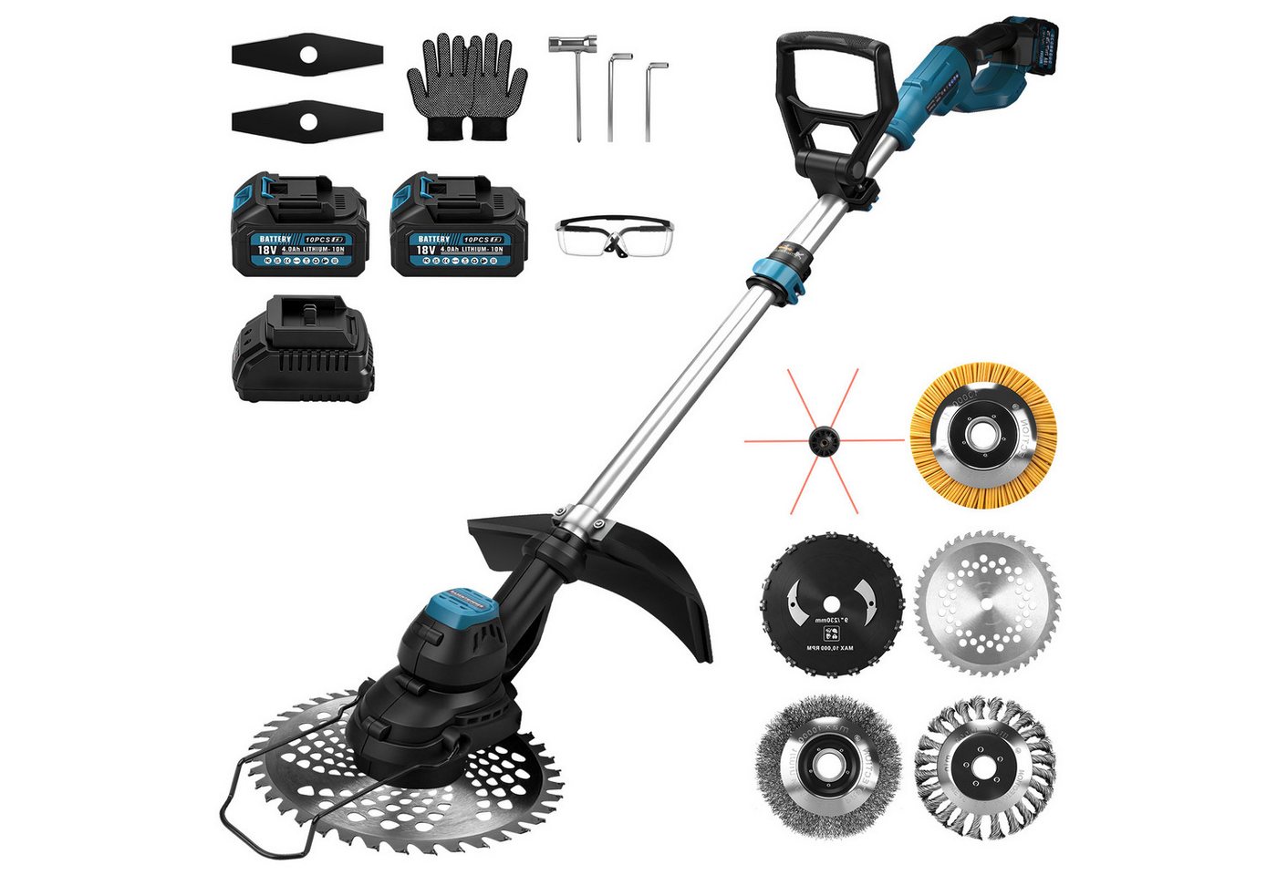 XIIW Akku-Rasentrimmer 7-IN-1 Akku Motorsense 980W Bürstenloser mit 2×4Ah Akku, Freischneider, (14800U/min mit 7 Klingentypen Ø300 mm, Teleskop 96–136 cm Einstellbar), Unkrautbürste für Höfe, Gärten und Kleinen Bild 3