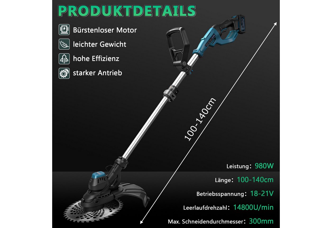 XIIW Akku-Rasentrimmer 7-IN-1 Akku Motorsense 980W Bürstenloser mit 2×4Ah Akku, Freischneider, (14800U/min mit 7 Klingentypen Ø300 mm, Teleskop 96–136 cm Einstellbar), Unkrautbürste für Höfe, Gärten und Kleinen Bild 4