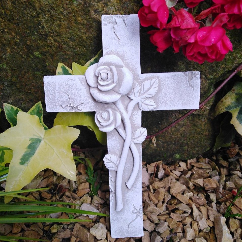 Radami Gartenfigur Kreuz Grabkreuz 3D Rose Grabengel Gedenkstein Grabschmuck Grabdeko Bild 3