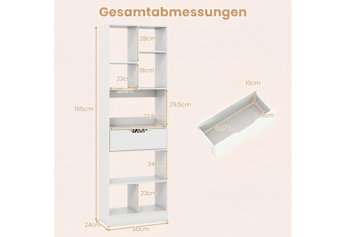 COSTWAY Bücherregal mit 8 Fächern & Schublade, Bücherschrank, Aus Holz, offenes Standregal mit Kippschutz Bild 2