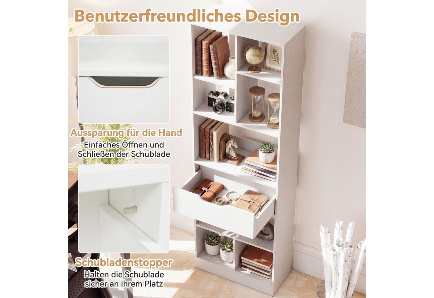 COSTWAY Bücherregal mit 8 Fächern & Schublade, Bücherschrank, Aus Holz, offenes Standregal mit Kippschutz Bild 4