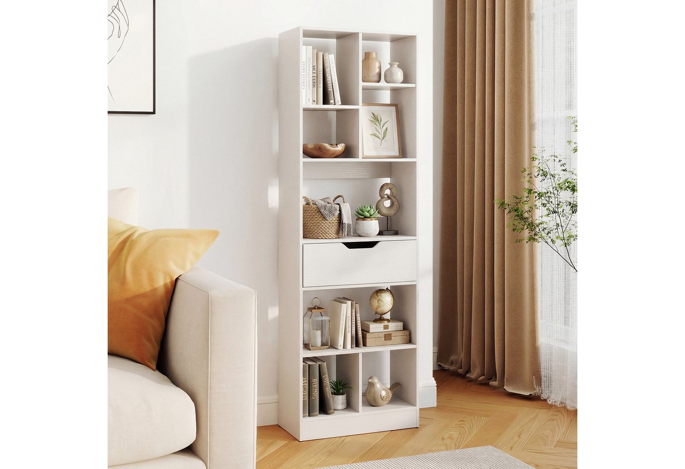 COSTWAY Bücherregal mit 8 Fächern & Schublade, Bücherschrank, Aus Holz, offenes Standregal mit Kippschutz Bild 5