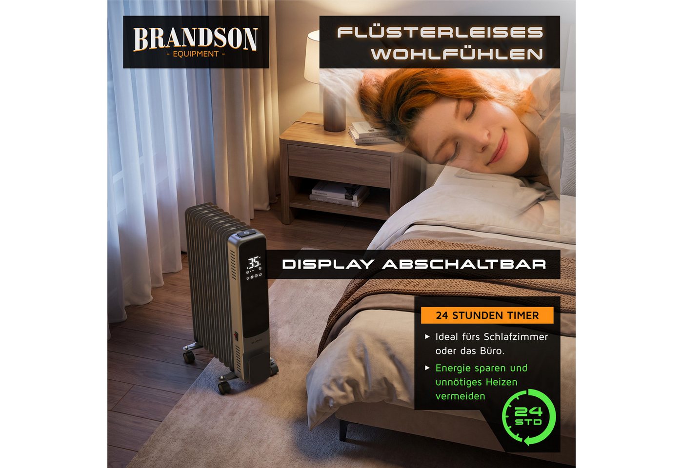 Brandson Ölradiator 9 Rippen, Thermostat 5-35 °C, 24h-Timer, Fernbedienung, Rollen, 2000 W, ECO-Modus 800 W, Frostschutz, Kippschutz, Kindersicherung