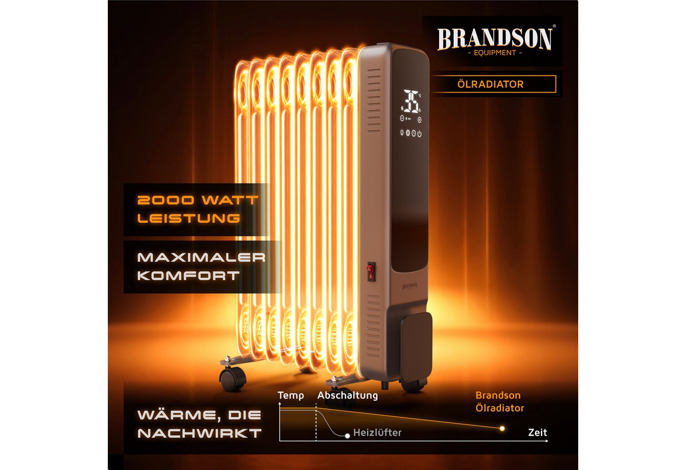 Brandson Ölradiator 9 Rippen, Thermostat 5-35 °C, 24h-Timer, Fernbedienung, Rollen, 2000 W, ECO-Modus 800 W, Frostschutz, Kippschutz, Kindersicherung Bild 2