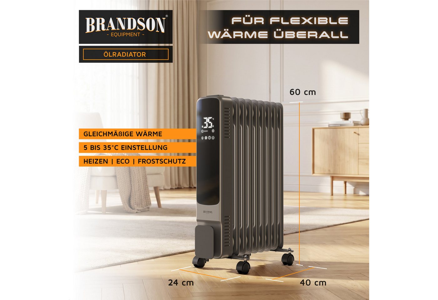Brandson Ölradiator 9 Rippen, Thermostat 5-35 °C, 24h-Timer, Fernbedienung, Rollen, 2000 W, ECO-Modus 800 W, Frostschutz, Kippschutz, Kindersicherung Bild 4