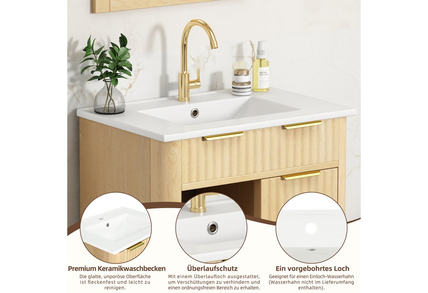 Merax Waschtisch mit Waschbecken, Freistehend Badschrank in Wellenoptik Holzoptik (Unterschrank ohne Armatur, 1-St., 61 × 47 × 90 cm), Badzimmerschrank mit 3 Schubladen, Schiebetür & Einlegeboden