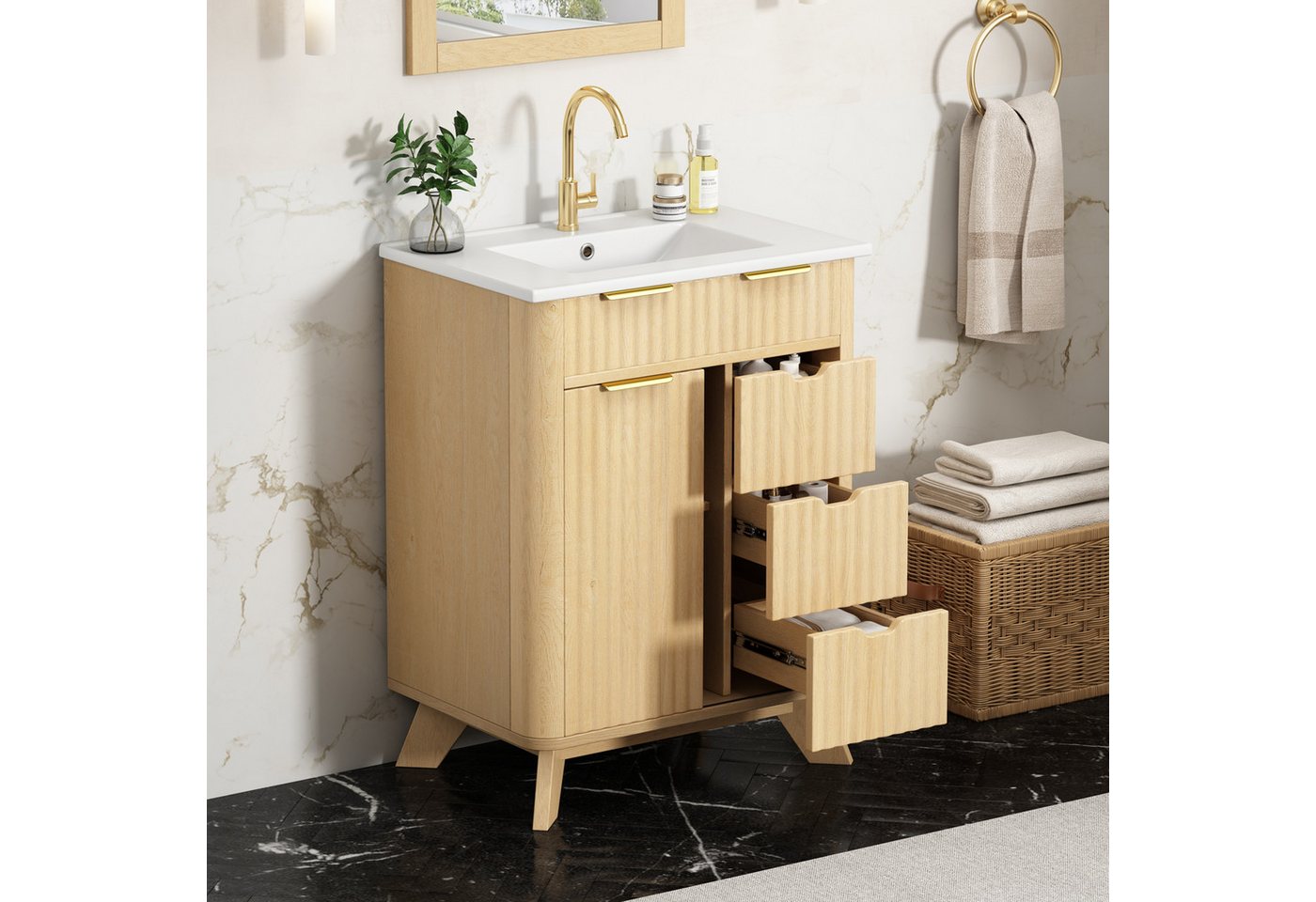 Merax Waschtisch mit Waschbecken, Freistehend Badschrank in Wellenoptik Holzoptik (Unterschrank ohne Armatur, 1-St., 61 × 47 × 90 cm), Badzimmerschrank mit 3 Schubladen, Schiebetür & Einlegeboden Bild 2