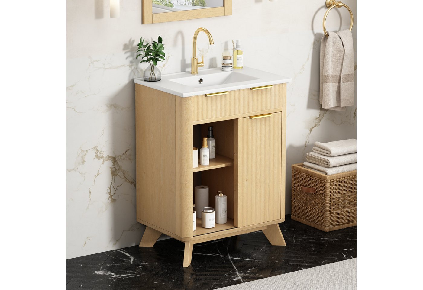 Merax Waschtisch mit Waschbecken, Freistehend Badschrank in Wellenoptik Holzoptik (Unterschrank ohne Armatur, 1-St., 61 × 47 × 90 cm), Badzimmerschrank mit 3 Schubladen, Schiebetür & Einlegeboden Bild 3