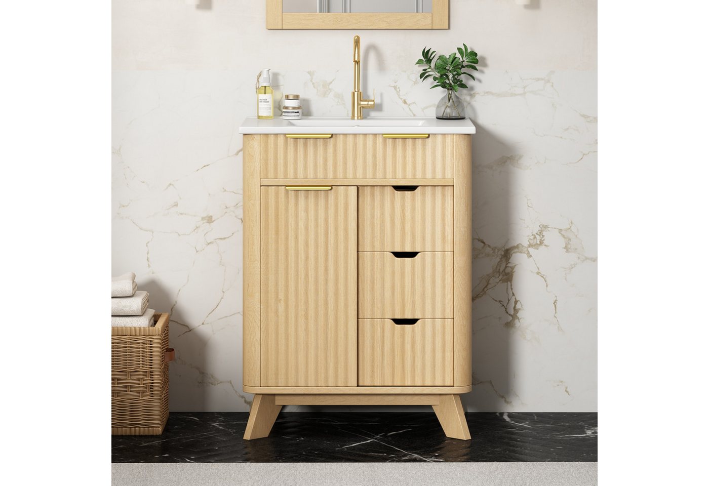 Merax Waschtisch mit Waschbecken, Freistehend Badschrank in Wellenoptik Holzoptik (Unterschrank ohne Armatur, 1-St., 61 × 47 × 90 cm), Badzimmerschrank mit 3 Schubladen, Schiebetür & Einlegeboden Bild 4