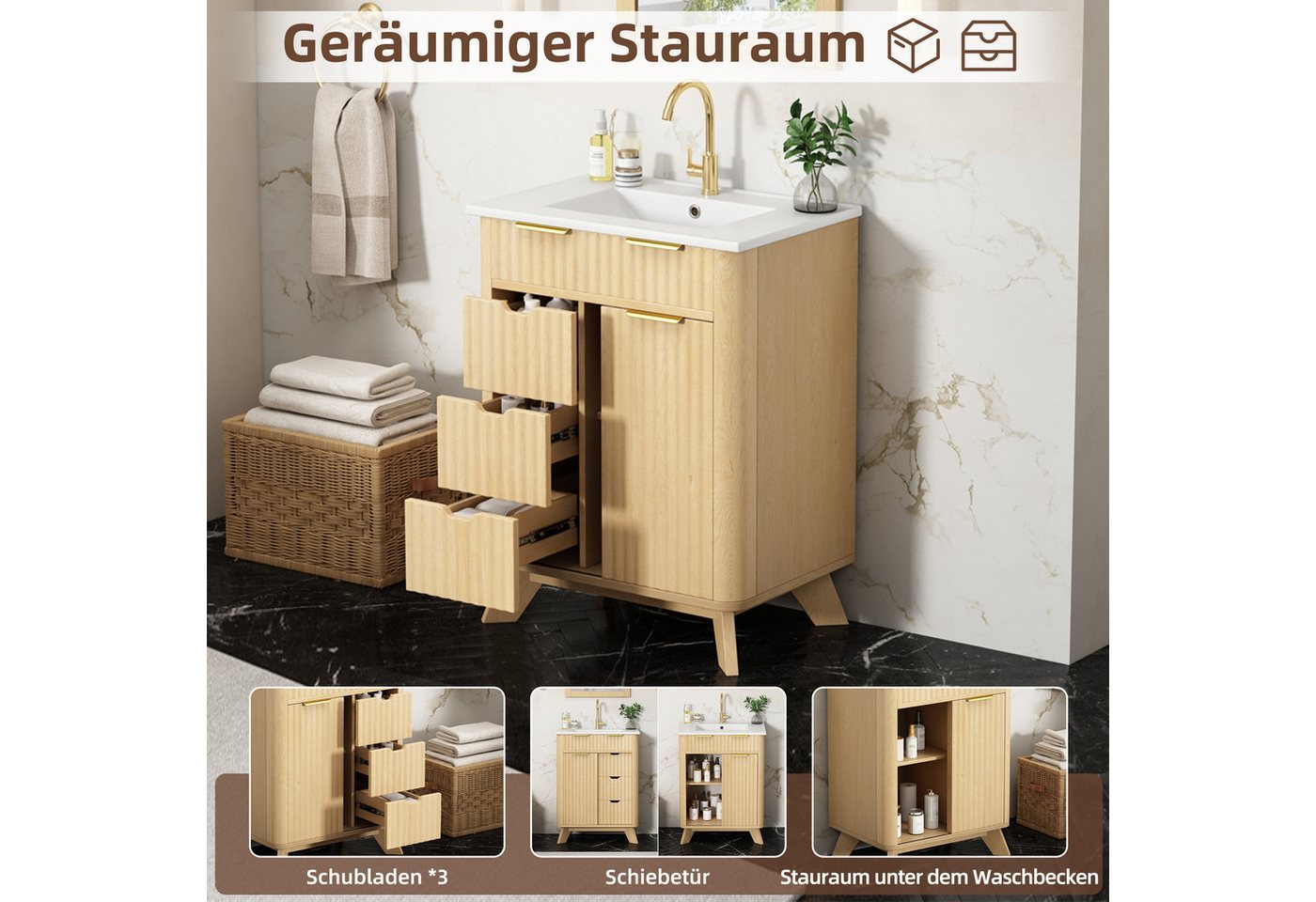 Merax Waschtisch mit Waschbecken, Freistehend Badschrank in Wellenoptik Holzoptik (Unterschrank ohne Armatur, 1-St., 61 × 47 × 90 cm), Badzimmerschrank mit 3 Schubladen, Schiebetür & Einlegeboden Bild 5