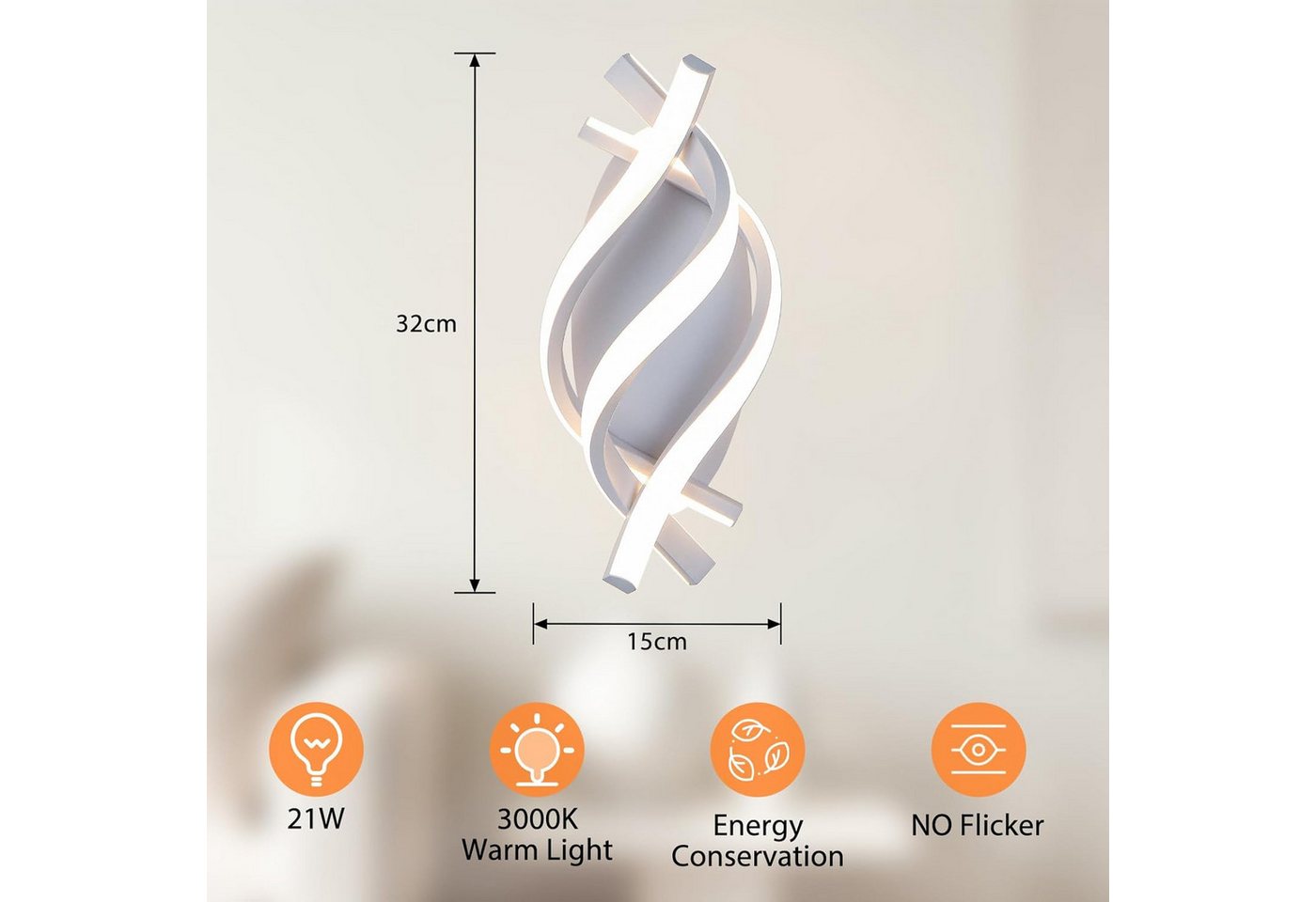 BlingBin LED Wandleuchte Warmweiß Wandlampe 32cm Innen 21W 3360LM Wandbeleuchtung 3000K, LED fest integriert, Warmweiß, mit zusätzlichem Lichtring am Baldachin Bild 3