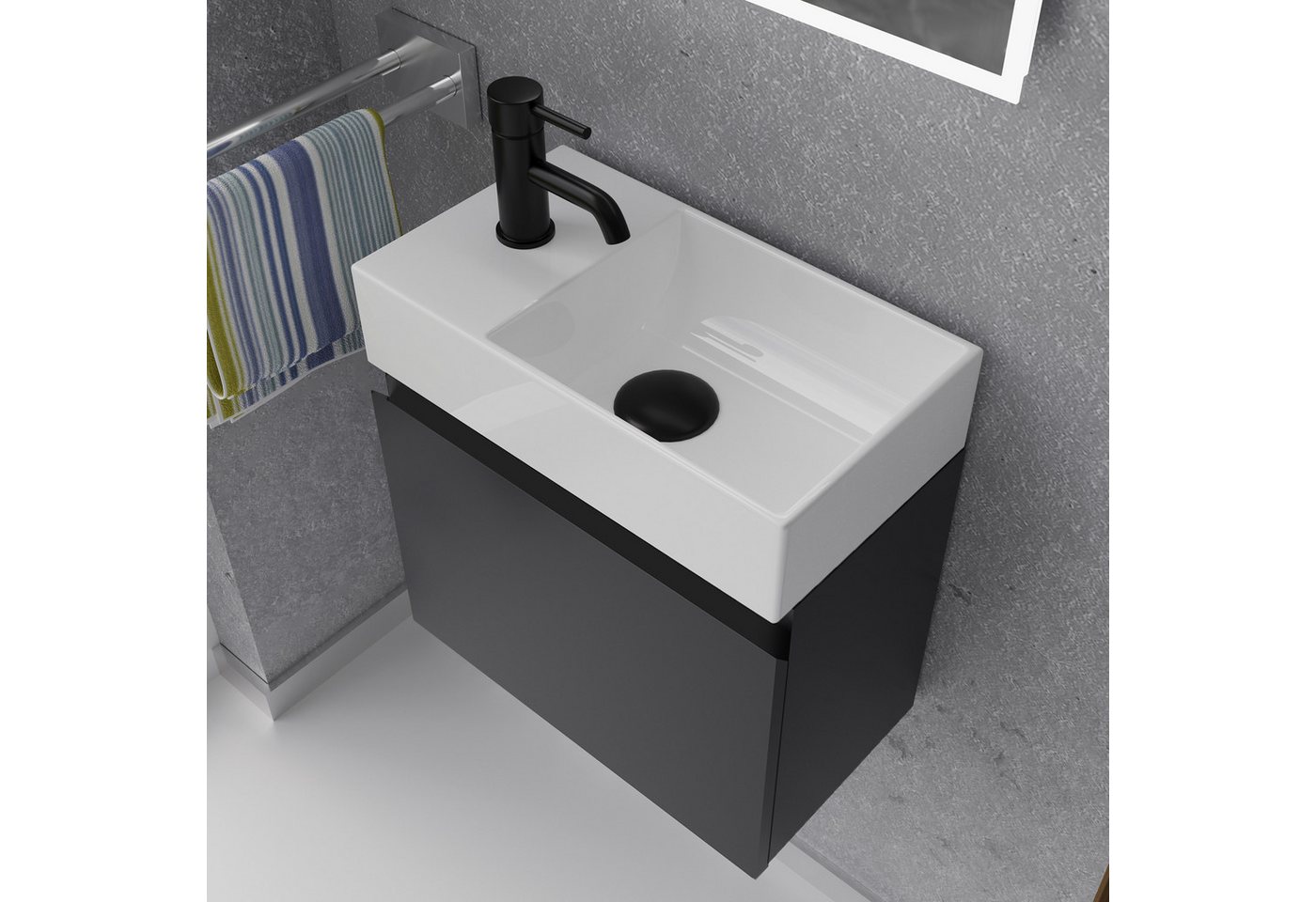Alpenberger Badmöbel-Set - Waschbecken mit Unterschrank - Badschrank Komplett Vormontiert, (2-tlg., Vormontiertes Badezimmermöbel 45 cm Breit), Hochwertiges Keramik Aufsatzbecken & Stauraum Schrank Bild 4