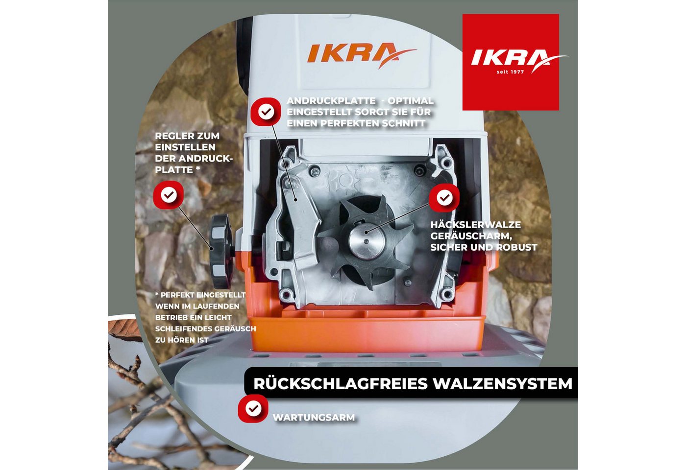 ikra GmbH Häcksler ILH 2800, 4,4 cm max. Astdurchmesser, (inkl. Fangbox, Stopfer & Gartenschere), 2800 W, Walzenhäcksler Bild 4