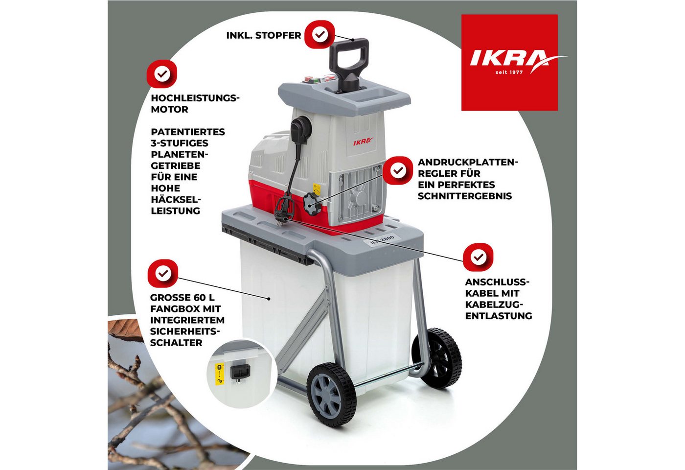 ikra GmbH Häcksler ILH 2800, 4,4 cm max. Astdurchmesser, (inkl. Fangbox, Stopfer & Gartenschere), 2800 W, Walzenhäcksler Bild 5