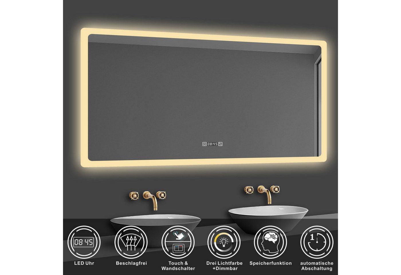 duschspa Badspiegel 50-160cm Spiegel Touch, Wandschalter, Beschlagfrei, energiesparend, Digital-Uhr, Drei Lichtfarbe, Dimmbar, Memory