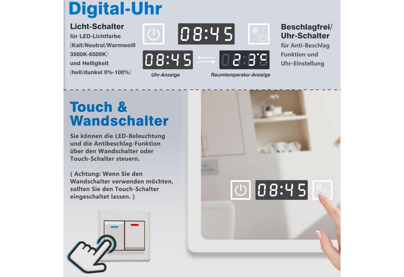 duschspa Badspiegel 50-160cm Spiegel Touch, Wandschalter, Beschlagfrei, energiesparend, Digital-Uhr, Drei Lichtfarbe, Dimmbar, Memory Bild 4