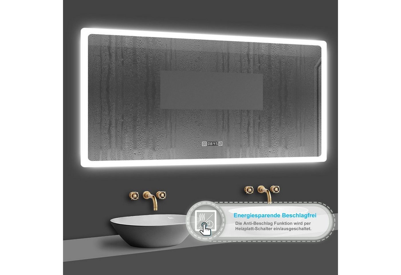 duschspa Badspiegel 50-160cm Spiegel Touch, Wandschalter, Beschlagfrei, energiesparend, Digital-Uhr, Drei Lichtfarbe, Dimmbar, Memory Bild 5