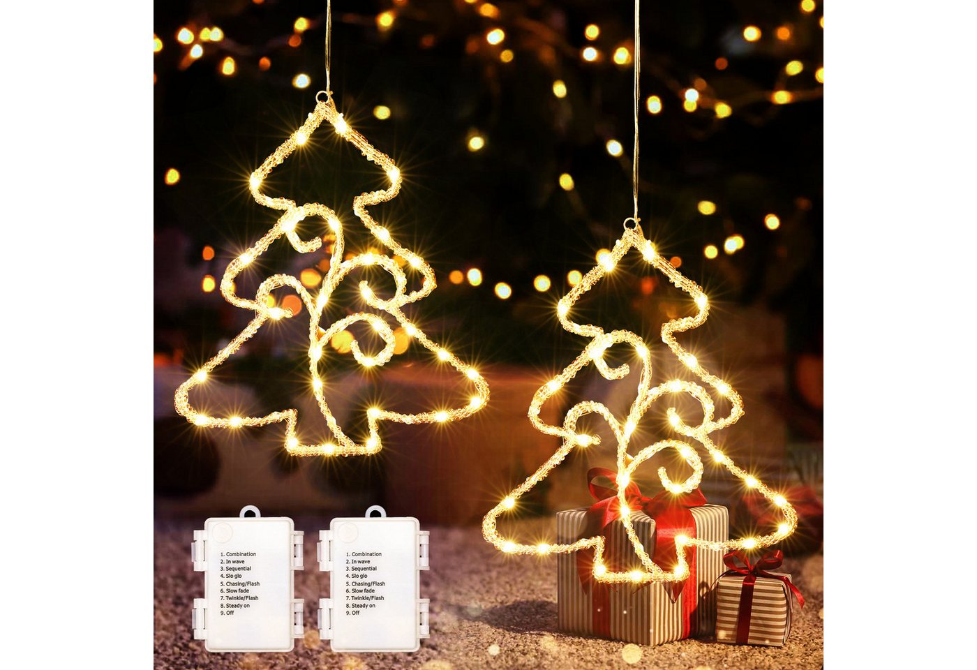 Quntis LED-Lichterkette Lichtervorhang weihnachtsdeko fenster, weihnachtsbaum mit beleuchtung, Warmweiß Beleuchtung mit 8 Modi für Weihanchten/Fenster