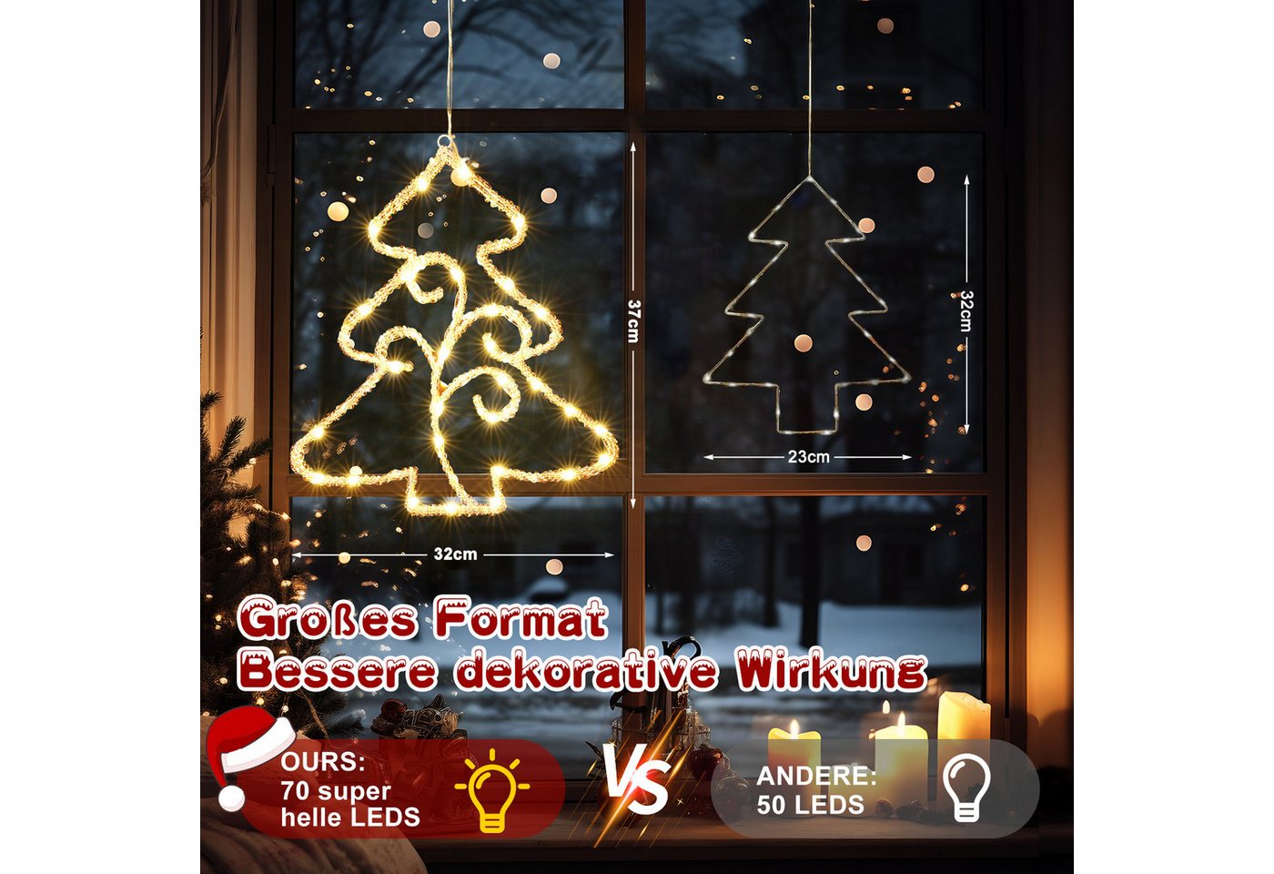 Quntis LED-Lichterkette Lichtervorhang weihnachtsdeko fenster, weihnachtsbaum mit beleuchtung, Warmweiß Beleuchtung mit 8 Modi für Weihanchten/Fenster Bild 3