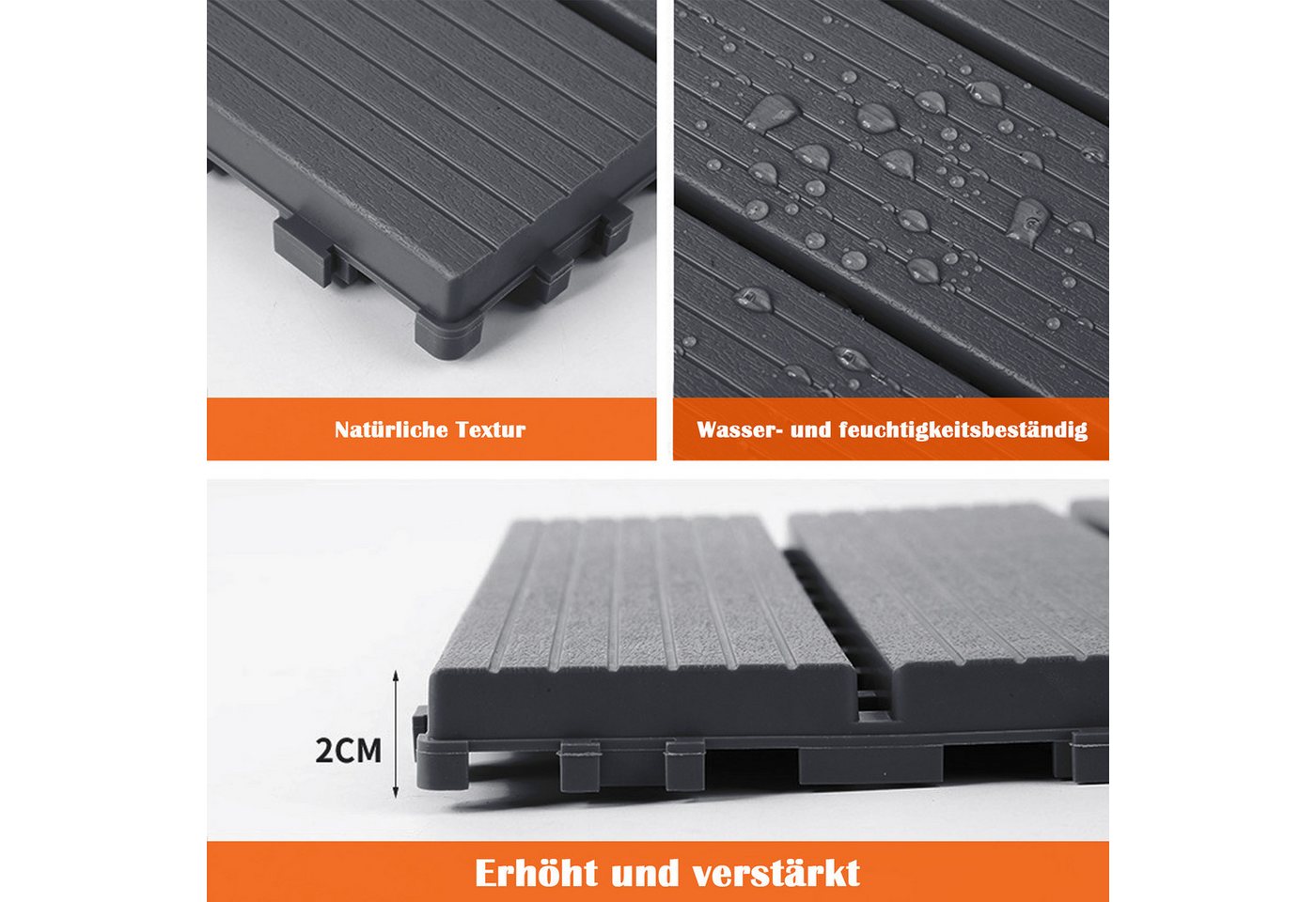 GLIESE Terrassendielen Terrassenfliesen 44er Set mit Klicksystem, 30 x 30 x 2 cm, 3,96 m², BxL: je 30x30 cm, 20 mm Stärke, (Set, 44-St., Dunkelgrau), für Garten, Holzstege, Terrasse, Hof, Wohnzimmer, Schlafzimmer
