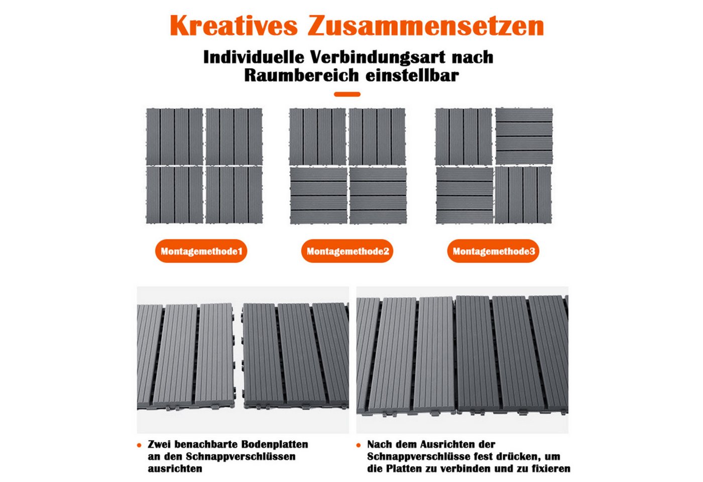GLIESE Terrassendielen Terrassenfliesen 44er Set mit Klicksystem, 30 x 30 x 2 cm, 3,96 m², BxL: je 30x30 cm, 20 mm Stärke, (Set, 44-St., Dunkelgrau), für Garten, Holzstege, Terrasse, Hof, Wohnzimmer, Schlafzimmer Bild 2
