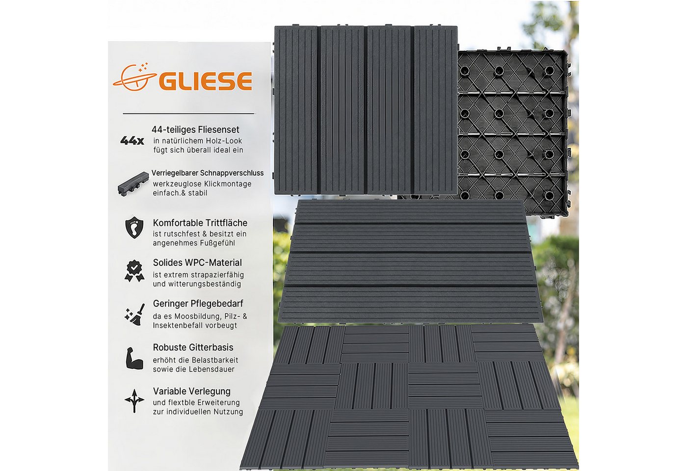 GLIESE Terrassendielen Terrassenfliesen 44er Set mit Klicksystem, 30 x 30 x 2 cm, 3,96 m², BxL: je 30x30 cm, 20 mm Stärke, (Set, 44-St., Dunkelgrau), für Garten, Holzstege, Terrasse, Hof, Wohnzimmer, Schlafzimmer Bild 3