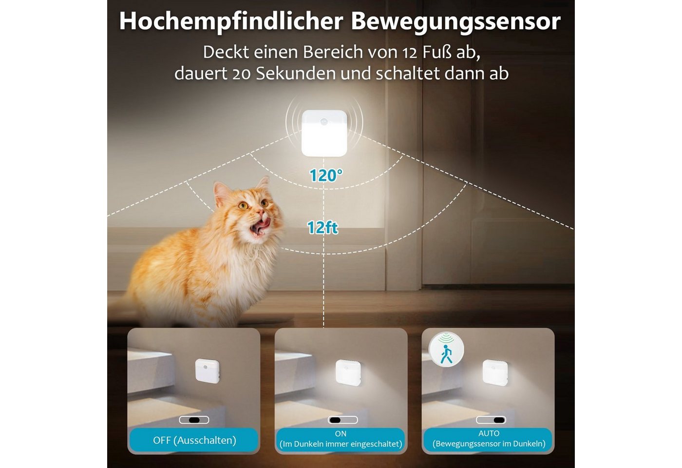 Rosnek LED Nachtlicht LED Nachtlicht mit Bewegungsmelder, wiederaufladbar, 1/3/6er-Set, LED fest integriert, Tageslichtweiß, Sensorleuchte mit Dämmerungssensor, 3 m Reichweite und 20 s Timer
