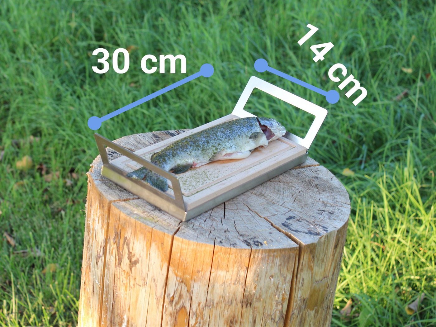 Schilling Fischgrilltechnik Grillguthalter Griffschale mit Grillbrett Buche kompakt für Fischfilet, Edelstahl & Buche, (Komplettset, Griffschale aus Edelstahl mit Grillbrett aus Buche + Anleitung), Grillbrett aus deutscher Buche. Edelstahl Laserschnitt-Grillschale
